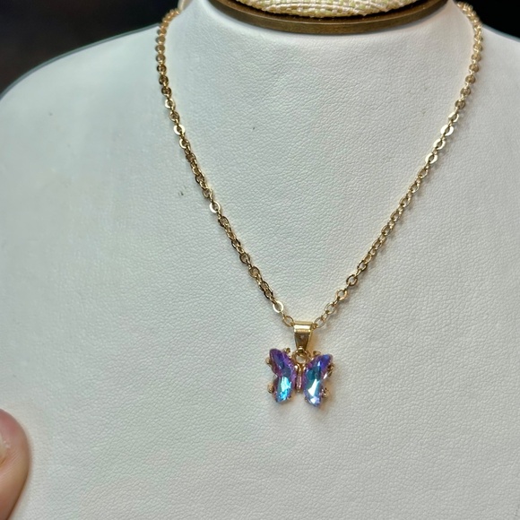 Gold Tone Mystic Glass Crystal Butterfly Pendant - Picture 11 of 16